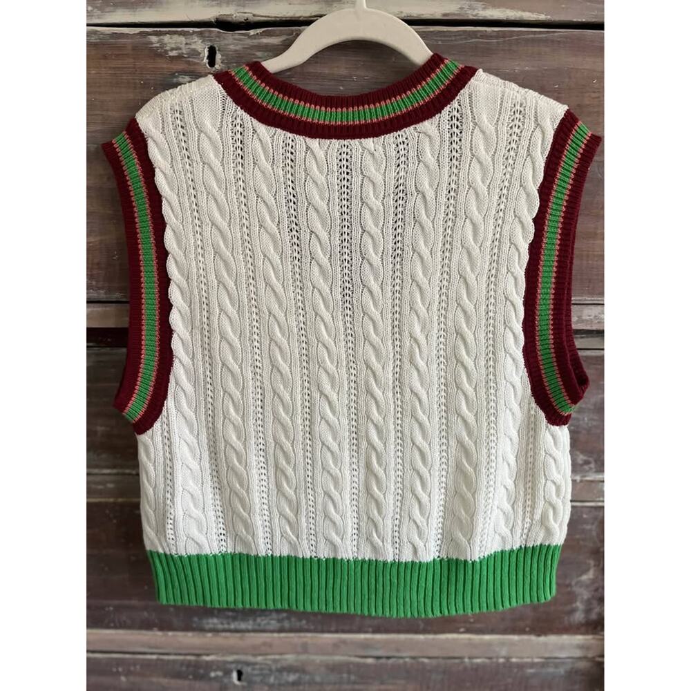 Forever 21 Cable Knit Sweater Vest Medium White Cropped Academia Collegiate Y2K - Picture 4 of 7